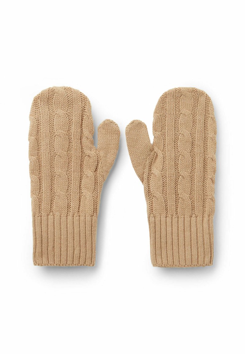 Beige gestrickte Handschuhe mit einem Zopfmuster, Rippbündchen und einer weichen Textur. Entworfen für Wärme und Komfort bei kühlerem Wetter.