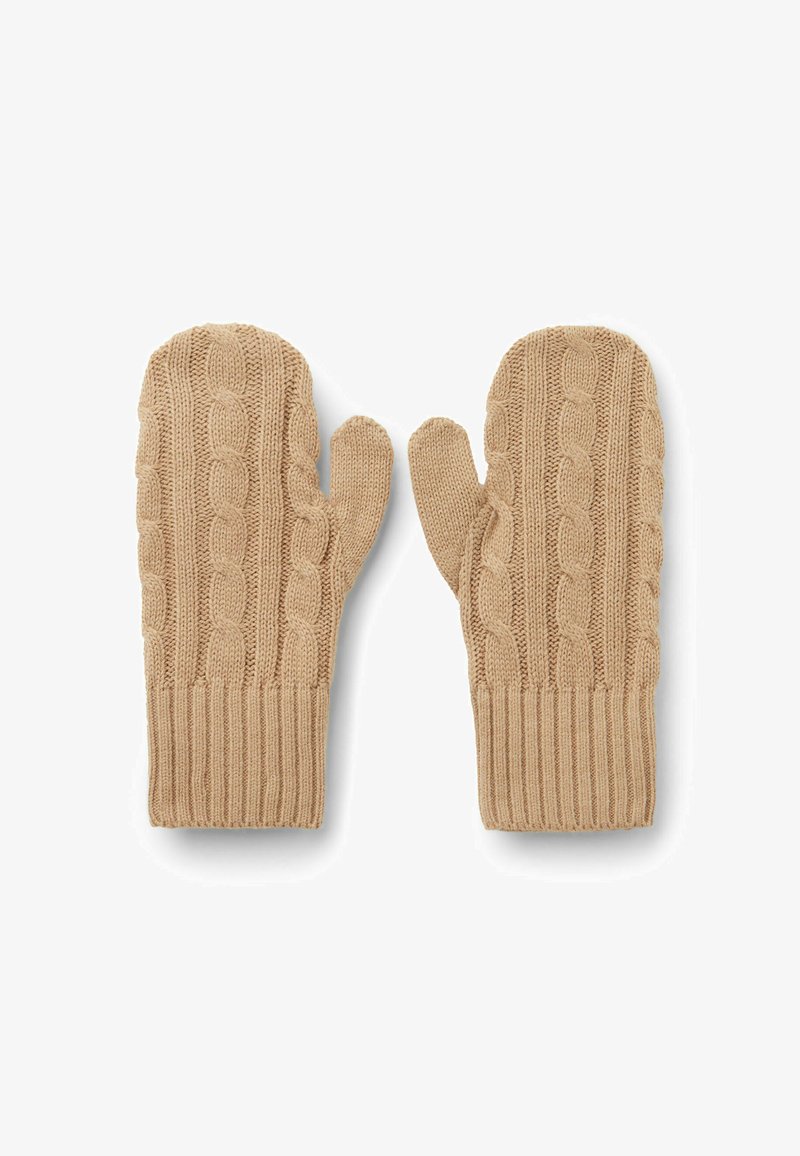 Beige gestrickte Handschuhe mit einem Zopfmuster, Rippbündchen und einer weichen Textur. Entworfen für Wärme und Komfort bei kühlerem Wetter.