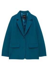 Veste bleu sarcelle en tissu lisse, dotée d'un revers cranté, de deux poches avant et de deux boutons, avec une doublure intérieure.