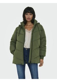 Žalia pūkinė striukė su gobtuvu, horizontaliomis siuvinėtomis juostomis, priekyje su užtrauktuku ir elastinėmis rankogaliais. Dėvima ant palaidinės su nėrinių apdaila.