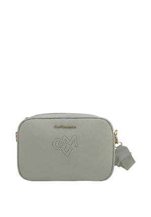 Borsa a tracolla rettangolare grigio chiaro con design traforato a forma di cuore e numero, logo dorato e tracolla in tessuto regolabile con finiture dorate.