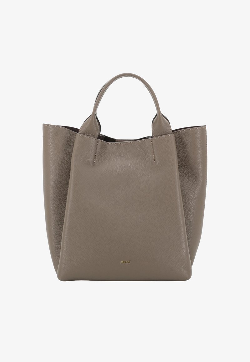 Taupe leather tote bag with two rounded handles, structured design, and textured surface; features a subtle gold logo at the bottom.