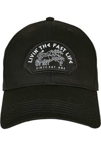 Black baseball cap with a curved brim, featuring a stitched oval patch sporting white text and a horse-drawn carriage graphic.