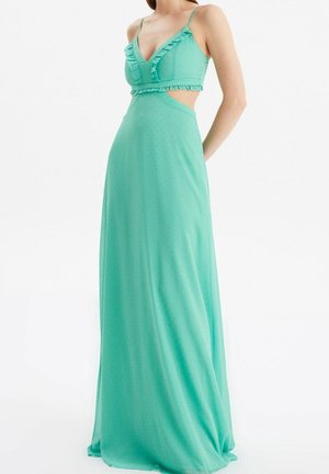 Mintgroene maxi-jurk met een nauwsluitend lijfje, ruches, spaghetti bandjes en een uitgesneden taille, gemaakt van een glad, gestructureerd materiaal.