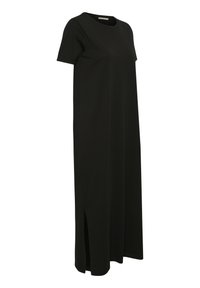 Black, short-sleeve maxi dress made of soft fabric, featuring a round neck and side vents for ease of movement. Simple design and silhouette.