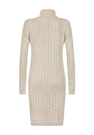Abito a maglia beige con collo alto, maniche lunghe e polsini a costine. Presenta un motivo testurizzato su tutta la superficie.
