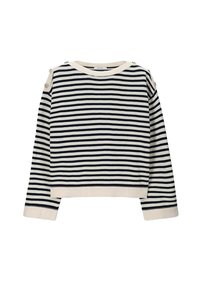 Gestreifter Pullover in Marineblau und Creme, mit rundem Halsausschnitt, langen Ärmeln und Knopfakzenten an der Schulter. Aus weichem Strickmaterial.
