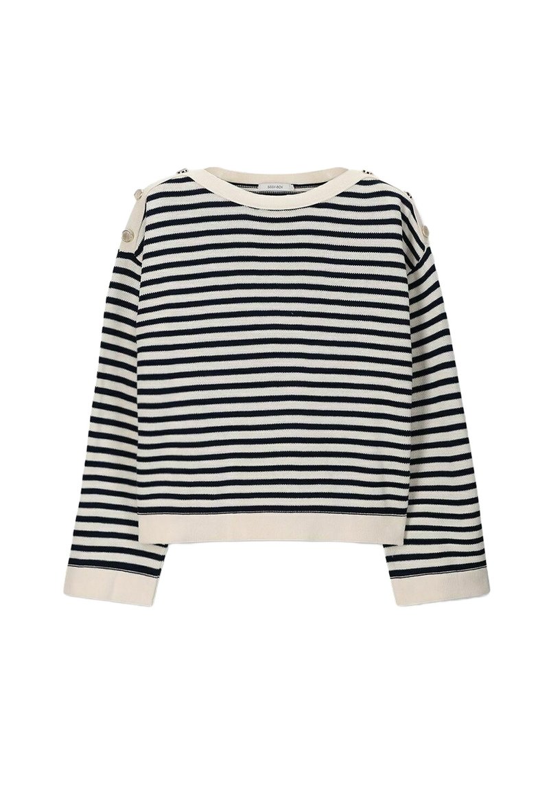 Gestreifter Pullover in Marineblau und Creme, mit rundem Halsausschnitt, langen Ärmeln und Knopfakzenten an der Schulter. Aus weichem Strickmaterial.