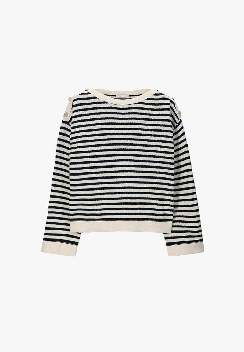 Gestreifter Pullover in Marineblau und Creme, mit rundem Halsausschnitt, langen Ärmeln und Knopfakzenten an der Schulter. Aus weichem Strickmaterial.