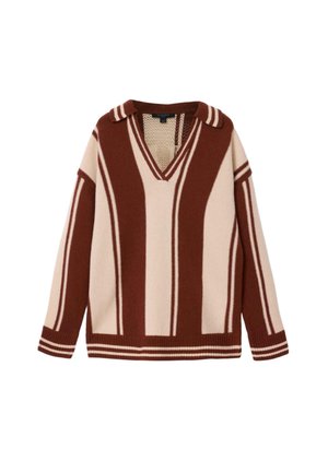 Sweter z długim rękawem, dzianinowy, z szerokimi pionowymi paskami w kolorze brązowym i beżowym, z dekoltem w serek oraz małym kołnierzykiem z pasującym paskiem.