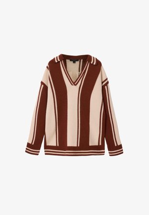 Sweter z długim rękawem, dzianinowy, z szerokimi pionowymi paskami w kolorze brązowym i beżowym, z dekoltem w serek oraz małym kołnierzykiem z pasującym paskiem.
