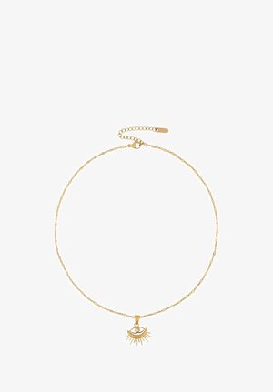 Collar de cadena de oro con un colgante de ojo redondo que presenta rayos radiantes. El colgante incluye un pequeño detalle de gema. Los eslabones texturizados realzan el diseño.