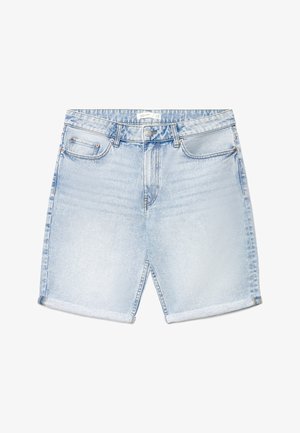 Shorts in denim azzurro chiaro con risvolti, chiusura frontale con bottone e cerniera, e cinque tasche.