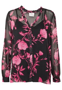Blusa nera trasparente con maniche lunghe, caratterizzata da un motivo floreale rosa, chiusura con bottoni e scollatura volantera. Tessuto morbido e leggero.