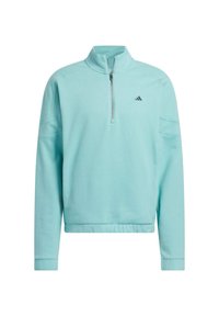 Sudadera azul claro con cremallera de un cuarto, puños acanalados y dobladillo elástico. Presenta un pequeño logotipo negro en el lado izquierdo del pecho. Textura suave.