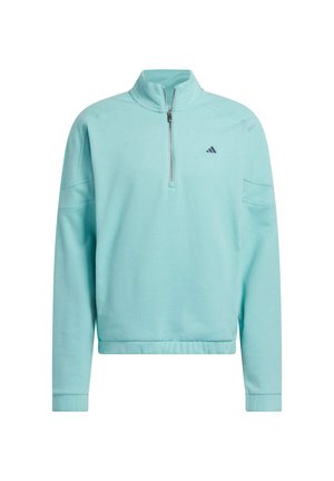 Sweatshirt bleu clair avec un zip quart, des poignets côtelés et un ourlet bandé. Présente un petit logo noir sur la poitrine gauche. Texture douce.