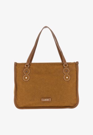 Ruskean samettinahkainen olkalaukku, jossa on kaksinkertaiset olkahihnat, koristeelliset ommellut lenkit kahvojen lähellä ja edessä pieni suorakulmainen brändilaatta.