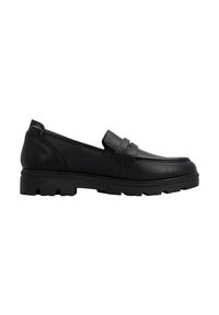 Mocassin en cuir noir avec semelle en caoutchouc épaisse et détails cousus, vu de profil sur fond blanc.