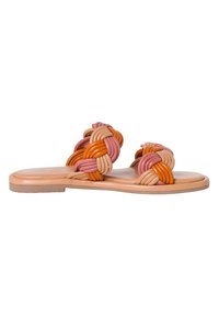 Sandali piatti con bande intrecciate in materiali pesca, rosa e arancione. Soletta beige liscia con una suola bassa e flessibile.