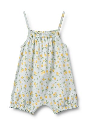 Pijama para bebé azul claro con estampado de limones amarillos y hojas verdes, tirantes finos, escote fruncido y aberturas elásticas en las piernas con botones a presión.