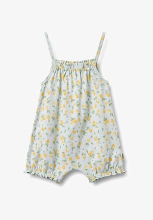 Svijetloplavi dječji kombinezon s uzorkom žutih limuna i zelenih listova, tankim naramenicama, naboranim izrezom i elastičnim otvorima za noge sa zakovicama.