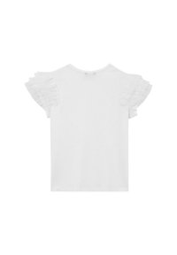 Blusa bianca a maniche corte con dettagli a volantino stratificati sulle maniche, scollatura tonda e retro semplice.