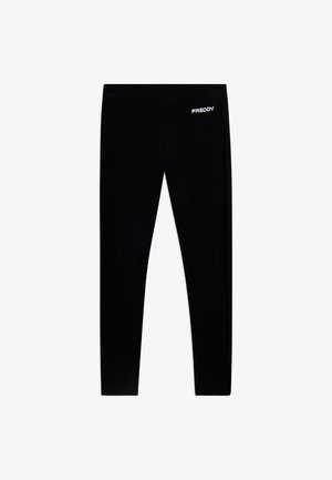 Leggings negros de longitud completa con un ajuste slim y el logo "FREDDY" impreso en blanco en la parte superior del muslo izquierdo.