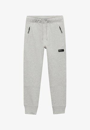 Grå bomulds sweatpants med elastisk talje, snor og sidelommer med lynlås. Har et sort mærke på venstre lår.