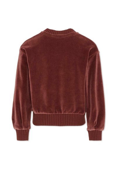 Bordeaux fluwelen bomberjack met een geribbelde kraag en manchetten, voorzien van lange, losse mouwen en een gathered zoom voor een getailleerde uitstraling.