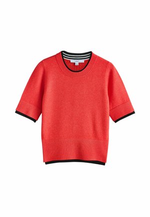 Red knitted short-sleeve top featuring a round neckline with black and white striped ribbing and contrasting black cuffs and hem.