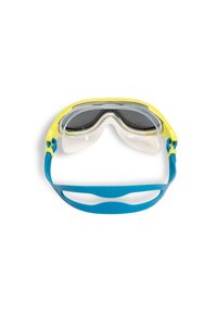 Occhialini da nuoto con una montatura gialla, lenti trasparenti e una cinghia blu. Presentano una cinghia testurizzata per una vestibilità sicura e un dettaglio del logo sulla cinghia.