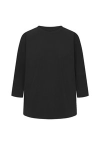 Schwarzes Langarm-T-Shirt mit rundem Ausschnitt und Raglanärmeln. Hergestellt aus glattem Stoff mit lockerer Passform und minimalistischem Design.