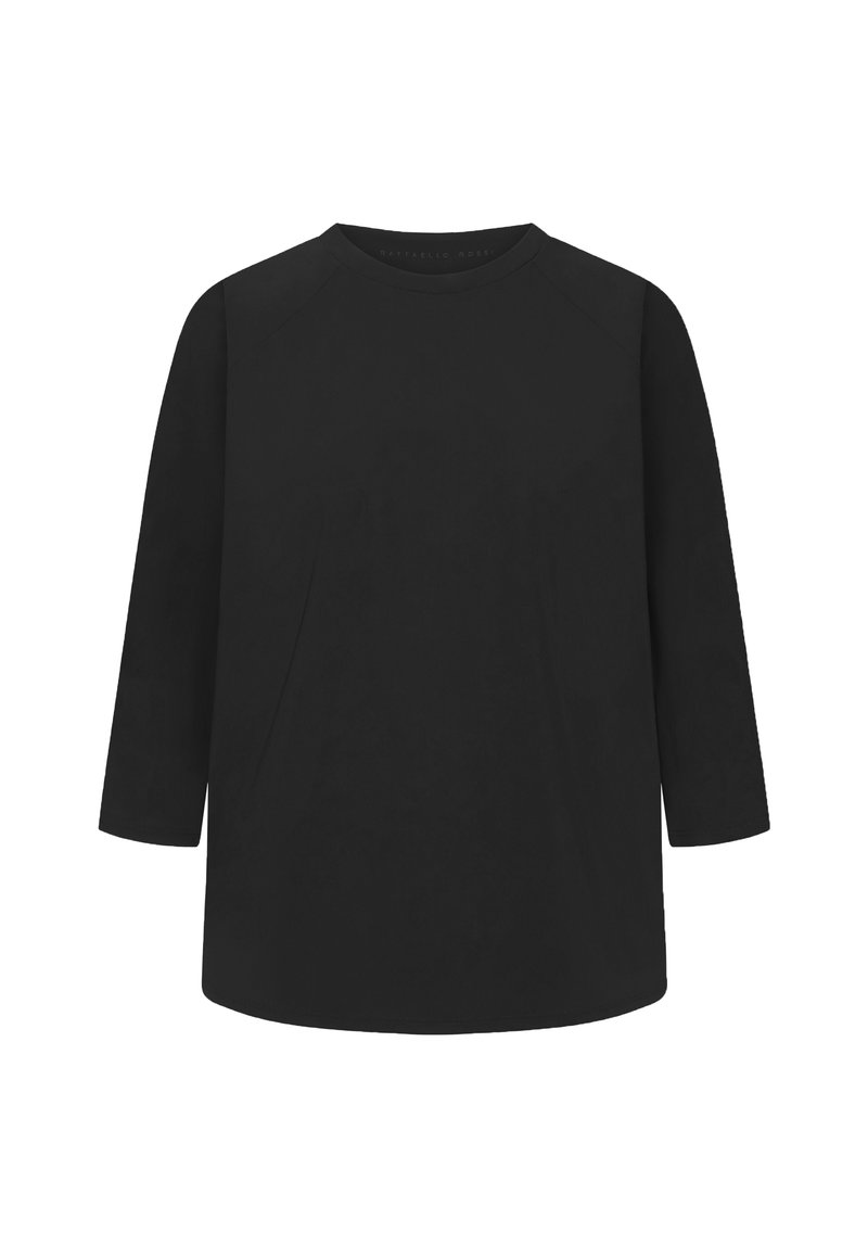 Schwarzes Langarm-T-Shirt mit rundem Ausschnitt und Raglanärmeln. Hergestellt aus glattem Stoff mit lockerer Passform und minimalistischem Design.