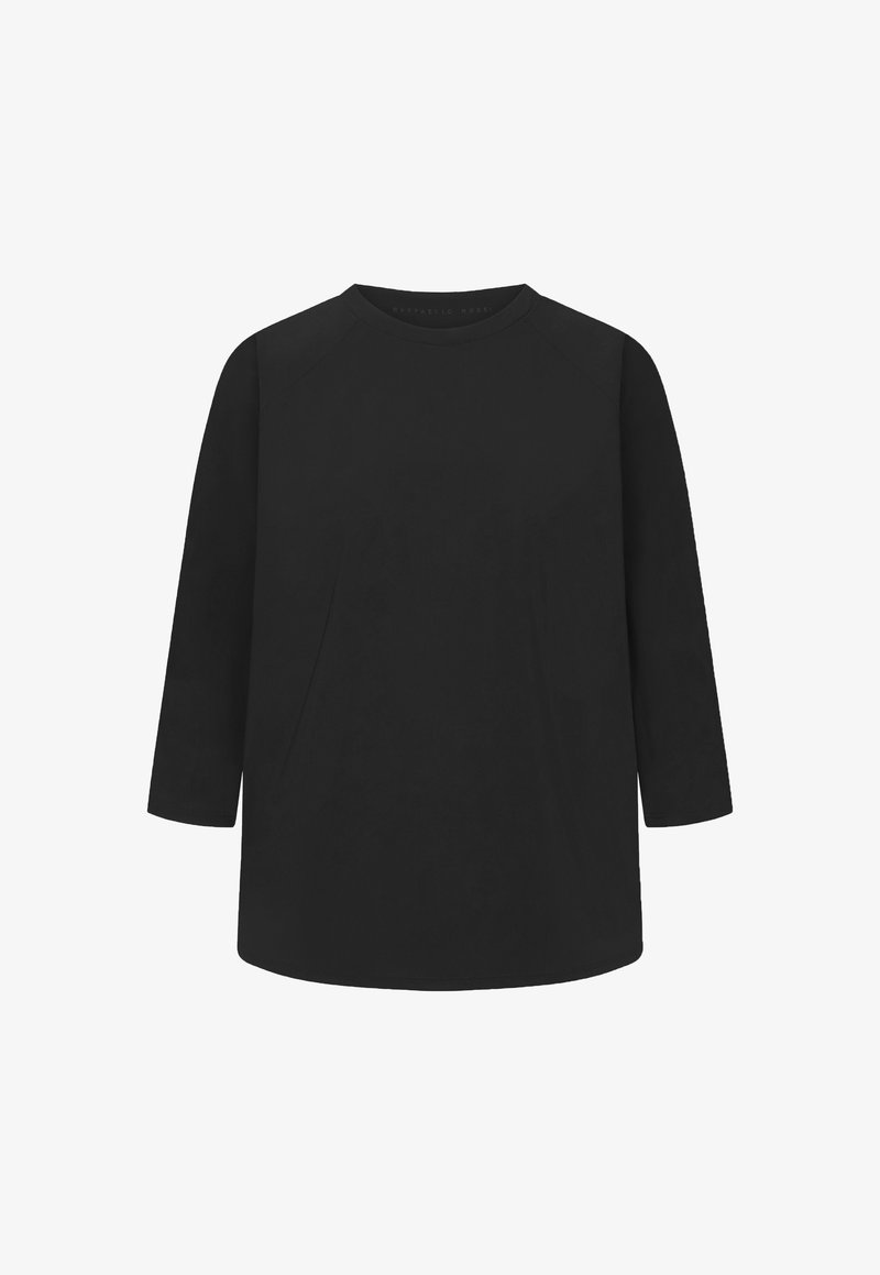 Schwarzes Langarm-T-Shirt mit rundem Ausschnitt und Raglanärmeln. Hergestellt aus glattem Stoff mit lockerer Passform und minimalistischem Design.