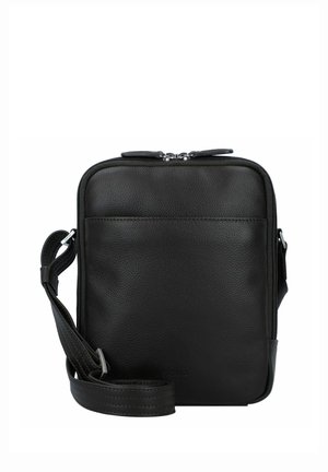 Black leather crossbody bag with adjustable strap, front pocket, and double zipper closure at the top.