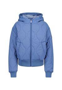 Blue quilted jacket with a hood, zip front, and ribbed cuffs. Features a smooth texture and wavy pattern on the fabric.