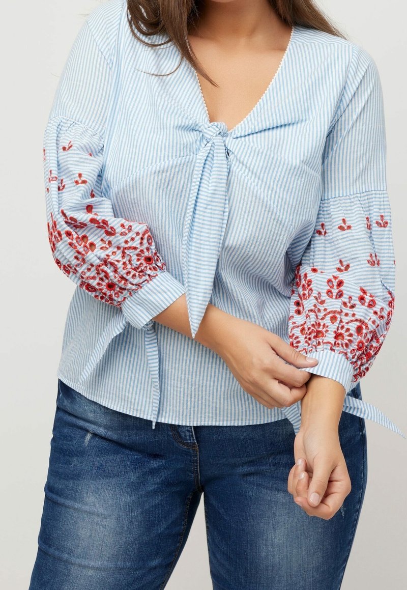 Blouse rayée bleu clair avec broderie florale rouge sur des manches volumineuses, fermeture à lien au niveau du col, et en coton doux.