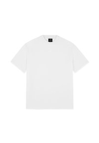 Biała koszulka bawełniana, krótki rękaw, okrągły dekolt, z małym logo na środku. Gładka tekstura i luźny krój.