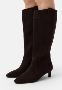 Stivali al ginocchio in suede marrone con punta appuntita, tacco basso e dettagli cuciti sulla parte superiore. Tessuto liscio con un design verticale.