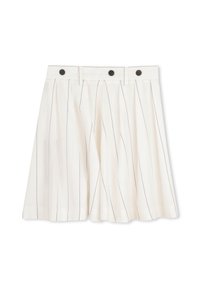Jupe plissée blanche avec fines rayures verticales noires et trois boutons noirs sur la ceinture, sur un fond blanc.