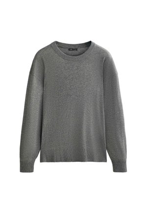 Pull gris à manches longues avec un col rond, des poignets et un ourlet côtelés. Texture en tricot douce avec une coupe légèrement ample. Design minimaliste.