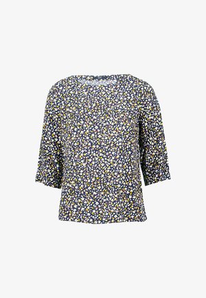 Korte mouwen top in marineblauwe stof met een multikleurig bloemenpatroon met witte, gele en roze accenten; relaxed fit en ronde halslijn.