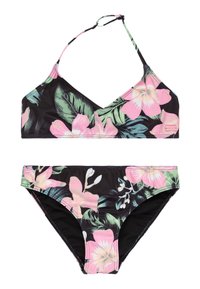 Schwarzes Bikini-Set mit floralem Muster in Pink und grünen Blättern. Das Oberteil hat ein dreieckiges Design; das Unterteil ist tief sitzend und hat das passende Muster.