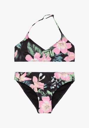 Sort bikini sæt med blomstermønster i pink og grønne blade. Toppen har et trekantet design; bunden er lavtaljet med matchende print.