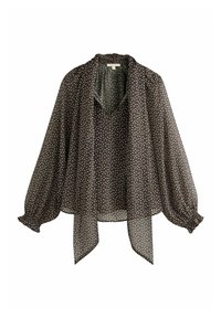 Pruunide erkade täppidega pluus, mis on valmistatud kergetest kangast, omades V-kaelust, pikki puffvarrukaid elastsete mansettidega ning ees kinnitust rihmaga.