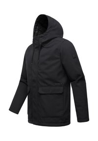 Black hooded jacket featuring a smooth fabric, front zipper, two large pockets, and a logo patch on the left sleeve.