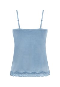Blauwe satijnen camisole met verstelbare spaghettibandjes, voorzien van een delicate kantafwerking langs de onderrand en een zachte textuur.