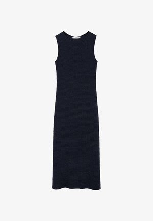 Navyblaues ärmelloses Kleid aus strukturiertem Strickmaterial, gerader Silhouette und Rundhalsausschnitt. Mittlere Wadenlänge ohne sichtbare Verschlüsse.