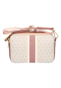 Borsa a tracolla beige e rosa con motivo geometrico, dettagli in oro, accenti a strisce marroni e bianche, e tracolla regolabile.