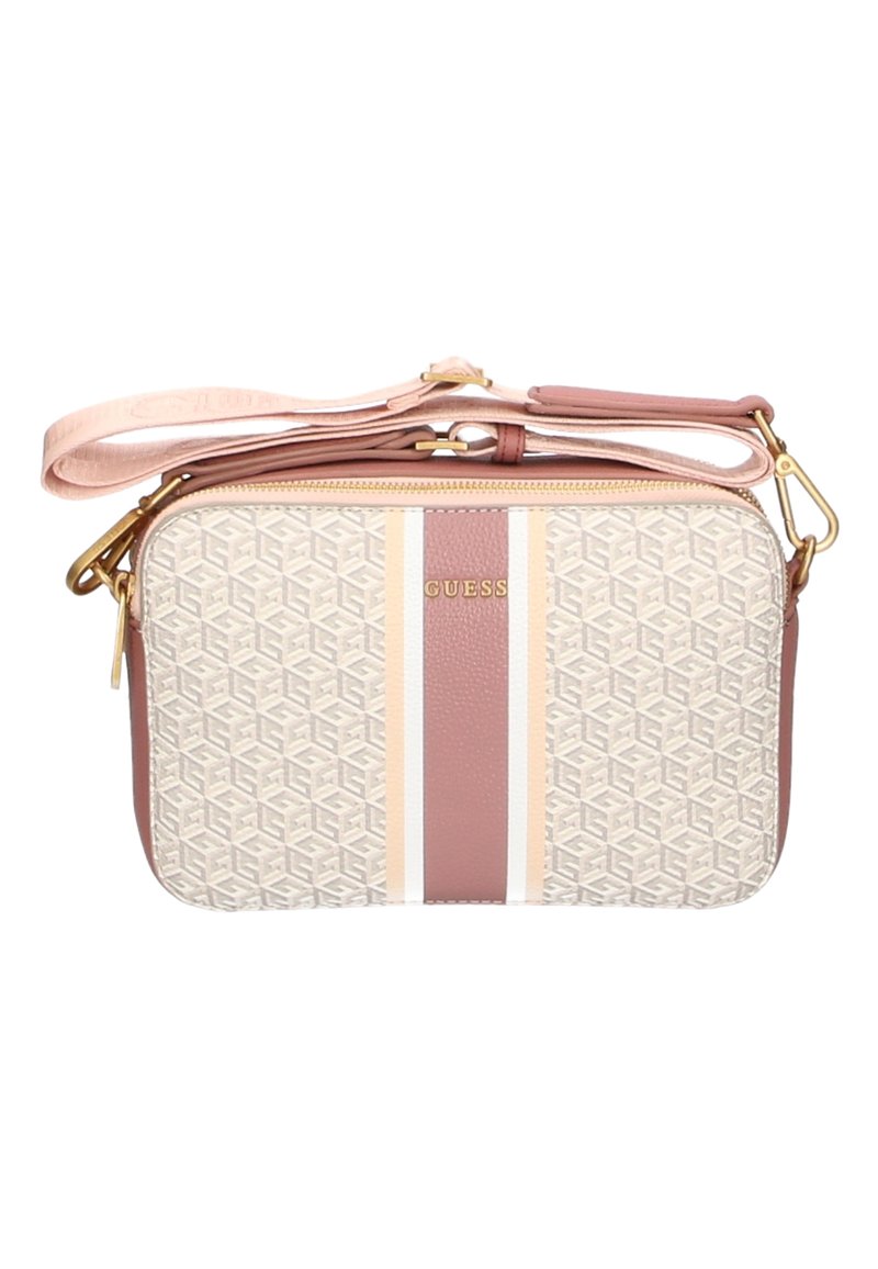 Borsa a tracolla beige e rosa con motivo geometrico, dettagli in oro, accenti a strisce marroni e bianche, e tracolla regolabile.